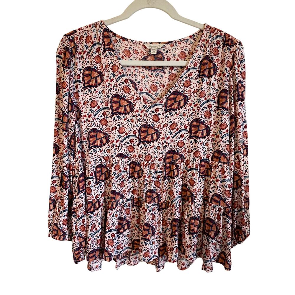 Lucky Brand Peasant Top Sz M Tiered V-neck Floral Colorful Boho 3/4 Sleeves
